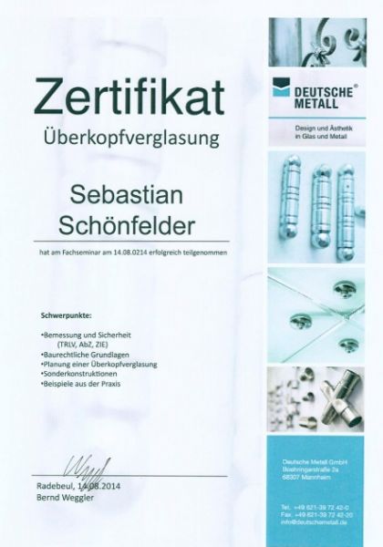 Zertifikat Ueberkopfverglasung
